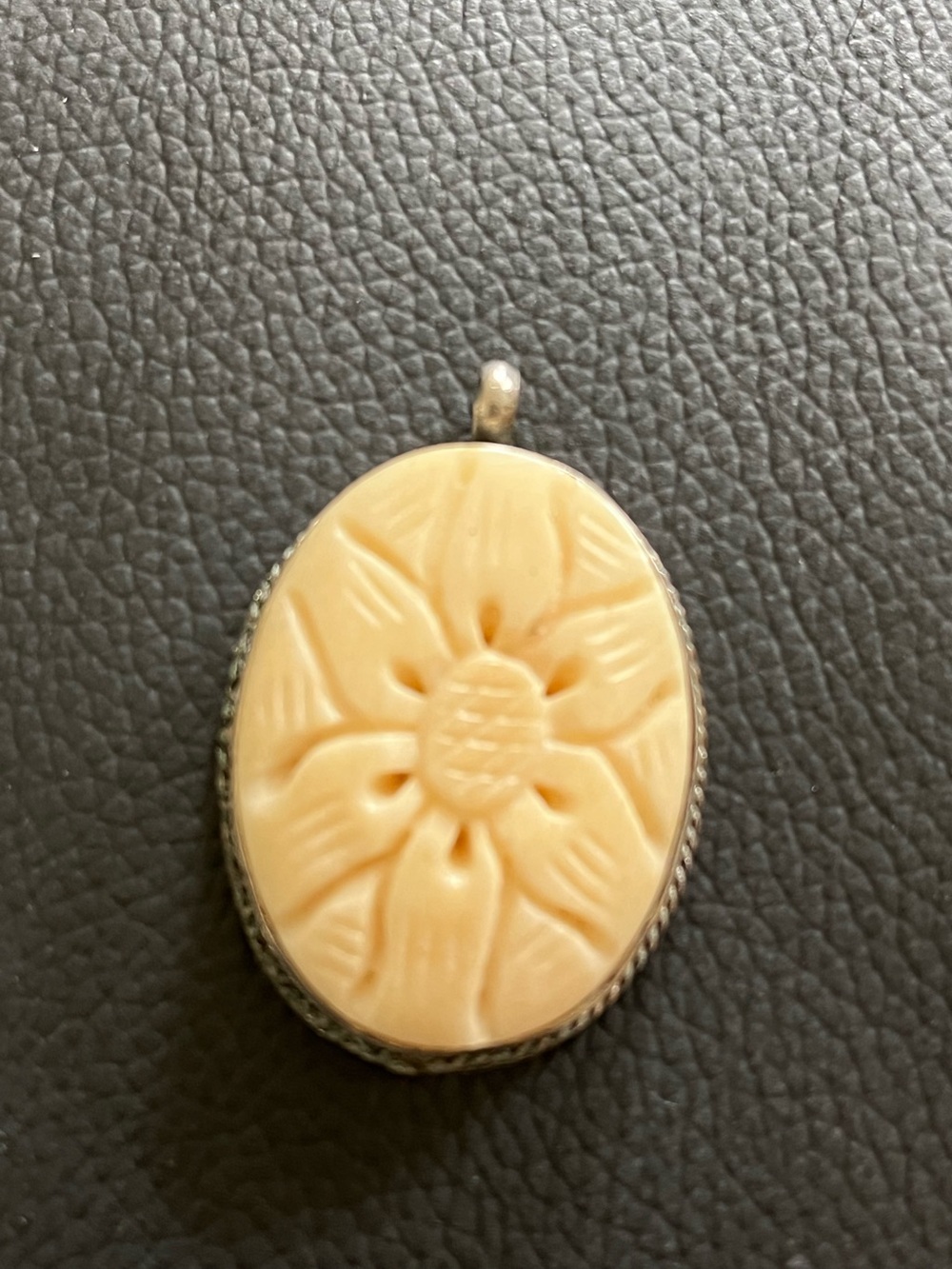 Carved Bone Floral Oval Pendant with Silver Back - Cream